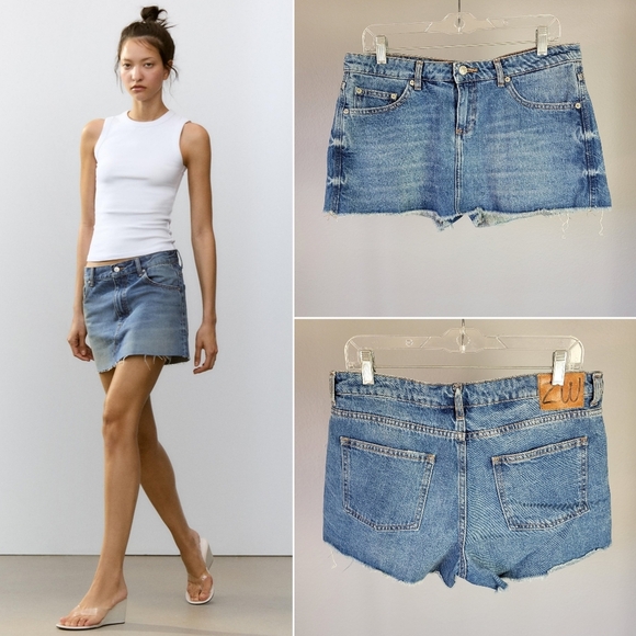 ZARA // medium blue denim raw hem cut off style skorts shorts skirt